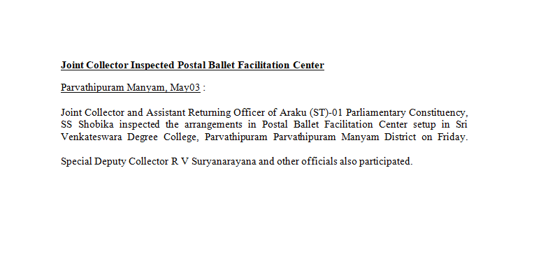 Joint Collector Inspected Postal Ballet Facilitation Center

Parvathipuram Manyam, May03 :

#ECISVEEP #apelections2024 #SVEEP #ChunavKaParv #DeshKaGarv #Phase4 #GeneralElections2024 #Elections2024 #govote #DistrictCollector #IVoteForSure #assemblyelections #LokSabhaElection2024