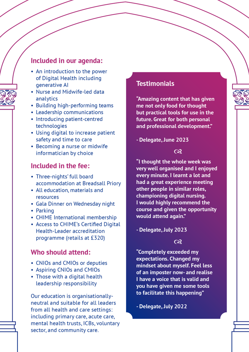 Digital nurses and midwives are invited to join <a href="/FNightingaleF/">Florence Nightingale Foundation</a> scholars at the sixth <a href="/CIOCHIME/">CHIME</a>  Digital Health Leadership Academy 1-4 July, Breadsall Priory Derbyshire. Details &amp; reg chimeinternational.org