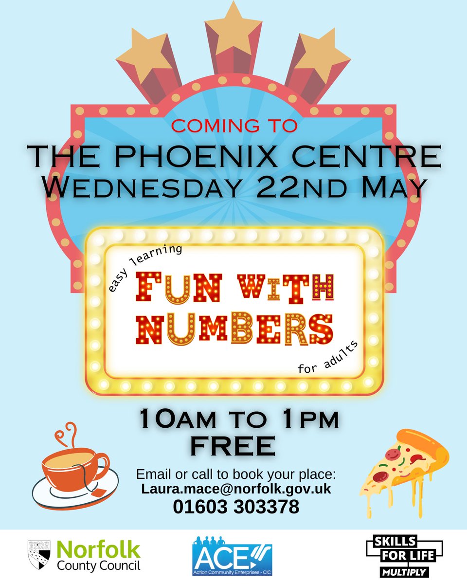 Come to the FREE adult numeracy morning at the Phoenix Centre in Mile Cross. There's fun fairground style activities to help you learn, and free refreshments and pizza afterwards. Booking essential. Call 01603 303378 📞
#nevertooold #numbersarefun #freepizza #comeandjoinin
