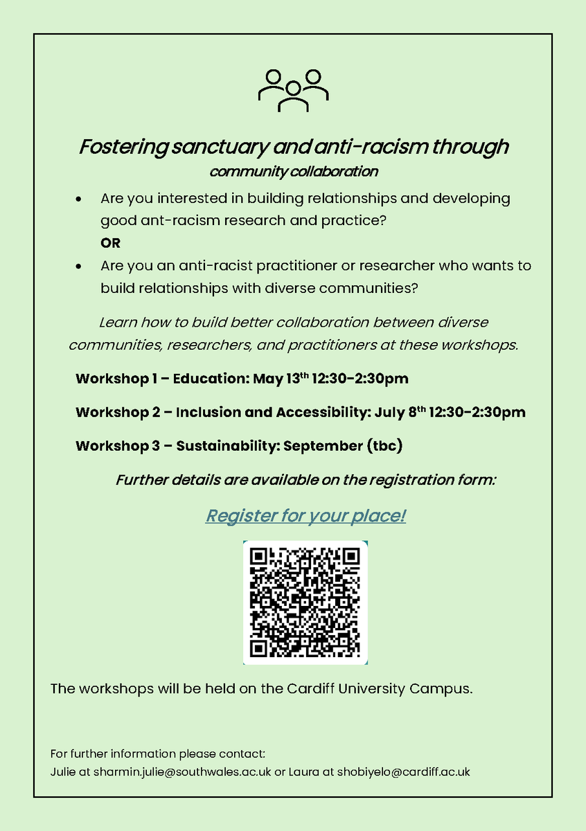 Join this opportunity to learn & build #collaborative   #antiracist communities of sanctuary in Wales.

3 Co-designed workshops: 1st on 13th May!

Find more information & register here forms.office.com/e/aAWy59v5Fx or use the QR Code on the flyer below. 

#NationOfSanctuary