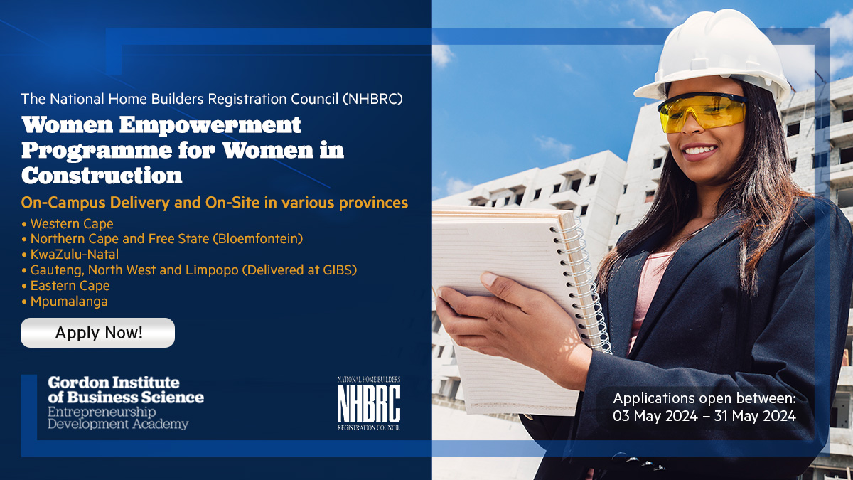 Attention women entrepreneurs in construction!
Ready to level up your business? Apply now using link bit.ly/NHBRC for the NHBRC Women Empowerment Programme. apply by May 31st! #WomenInConstruction #nhbrcprogramme