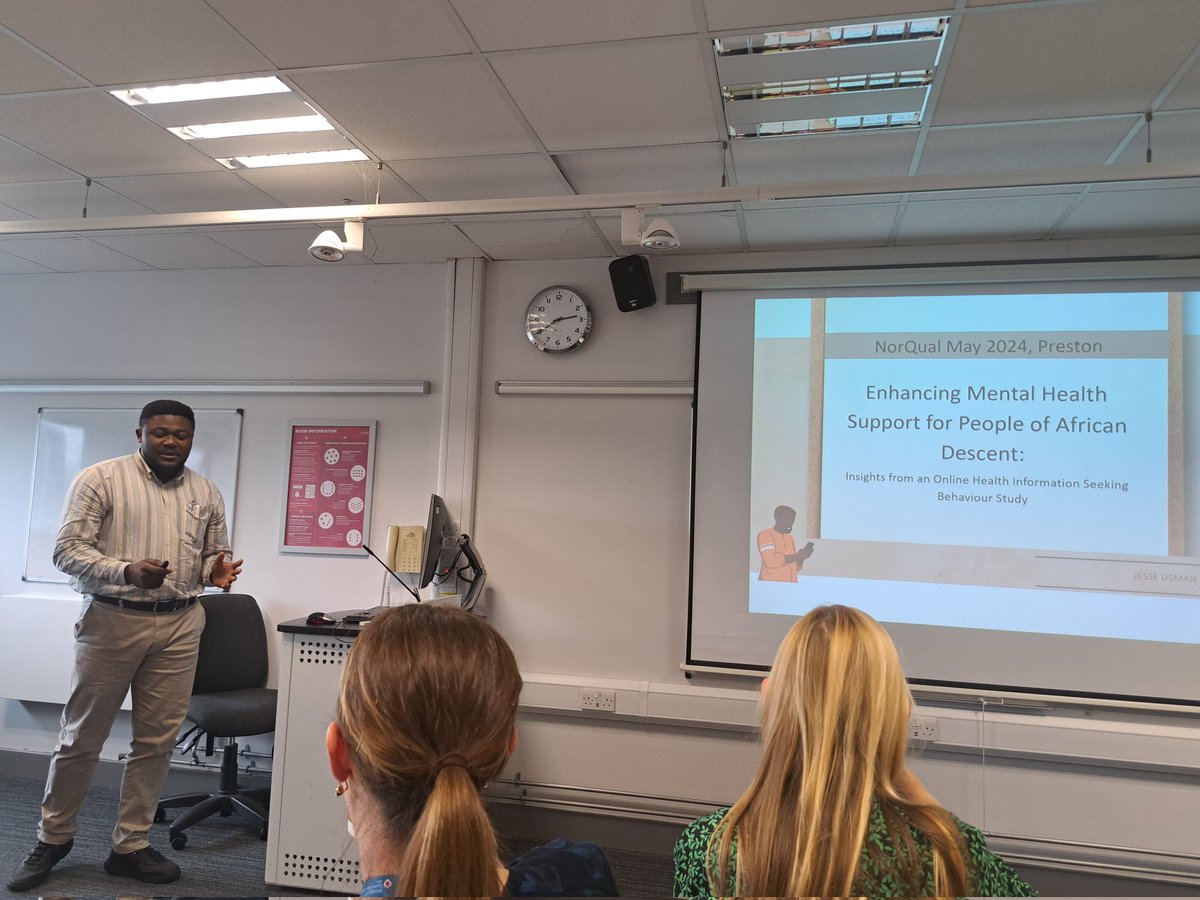 Next up after a short break here at #NorQual, Jesse Ussman from Sheffiled University is reporting on the Online Health Information Seeking behaviour of people of African descent in the UK. #mhTV @UCLanCJP