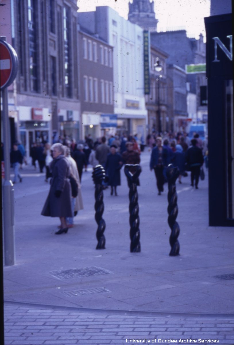 #FlashbackFriday Newly installed decorative street poles designed by David F. Wilson in the Murraygate in 1993 #Archives #DundeeUniCulture #Dundee