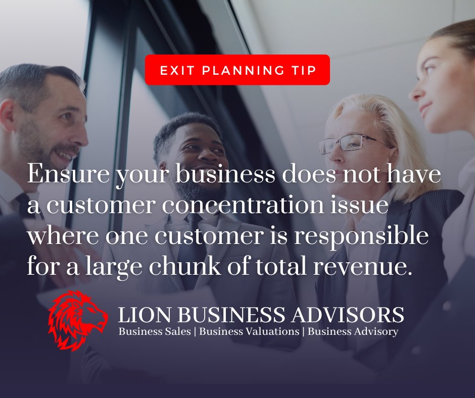 Ensure your business does not have a customer concentration issue where one customer is responsible for a large chunk of total revenue.  #business #owner #success #exitplanning