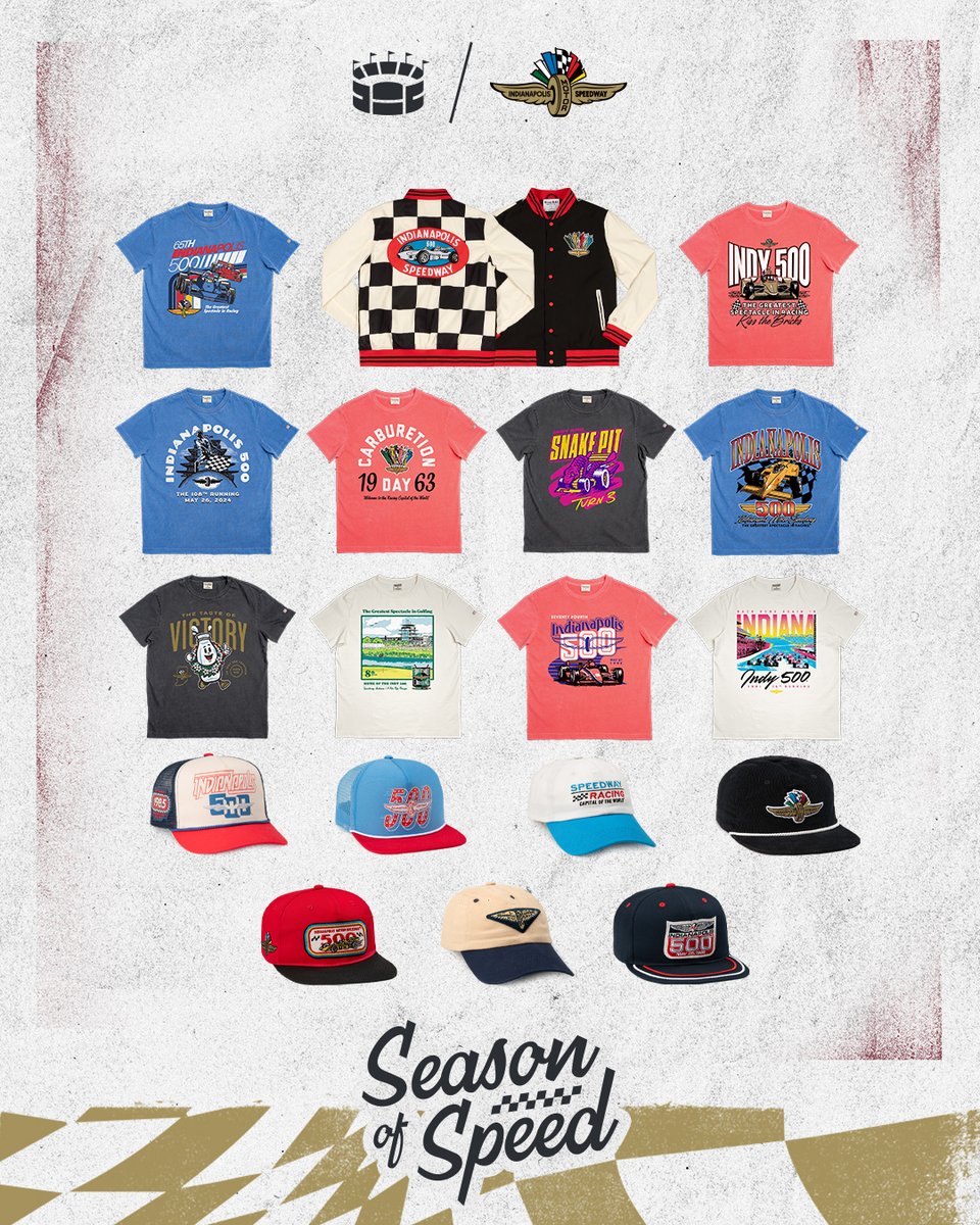 Our 18-piece Indianapolis Motor Speedway collection is LIVE NOW! A thread 🧵on the history behind our designs for today's launch homefieldapparel.com/collections/in…