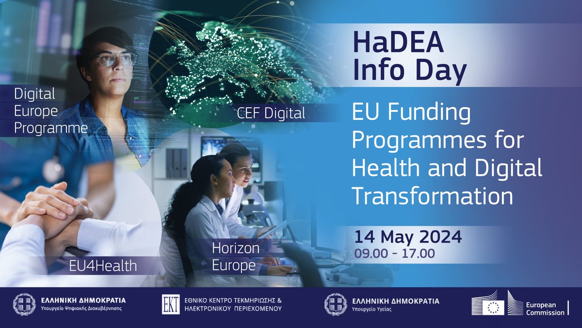 Would you like to know more about @EU_HaDEA and the EU Funding Programmes for Health and Digital Transformation?

Join my colleagues and me at the dedicated event in Athens:
🗓️ 14 May
📍 @MinDigitalGr and online

Registrations are open: us06web.zoom.us/webinar/regist…