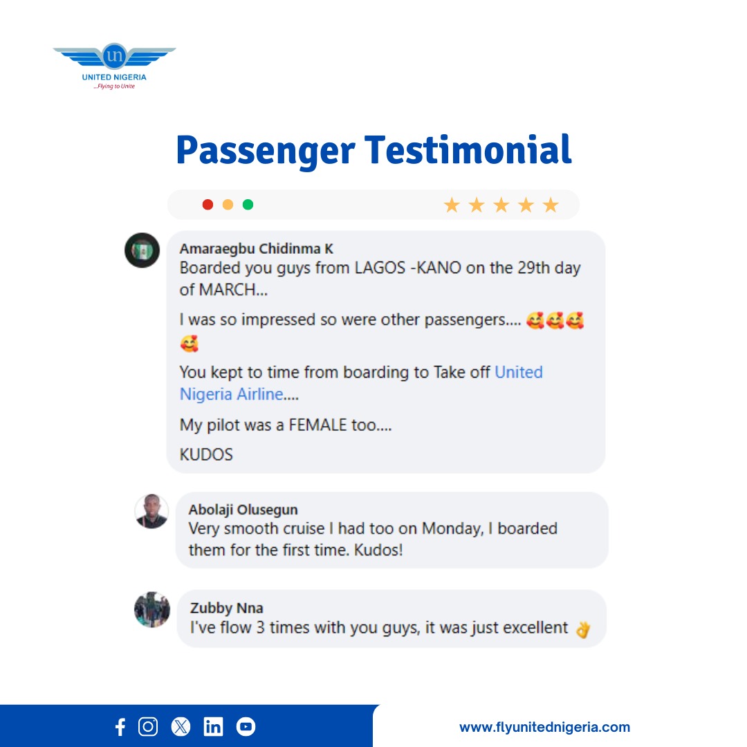 What our passengers are saying😊. When are you flying us next? Reserve your spots now on our website or mobile app. ✈️ We can't wait to have you on board! 💃 #UnitedNigeriaAirlines #FlyUnitedNigeriaAirlines #FlyingToUnite #AMoreRewardingWayToFly #passengerexperience…
