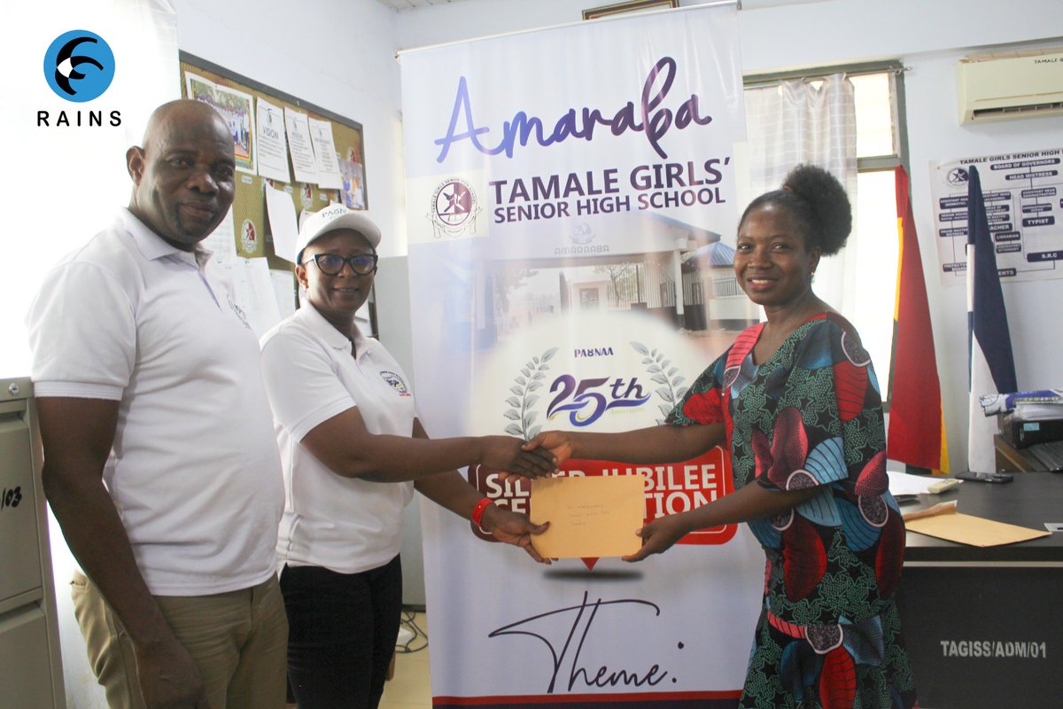 As a founding member of Tamale Girls Senior High School, RAINS is honored to mark their 25th anniversary with a generous donation to the school, received by the esteemed Headmistress, Madam Asha Asumah.