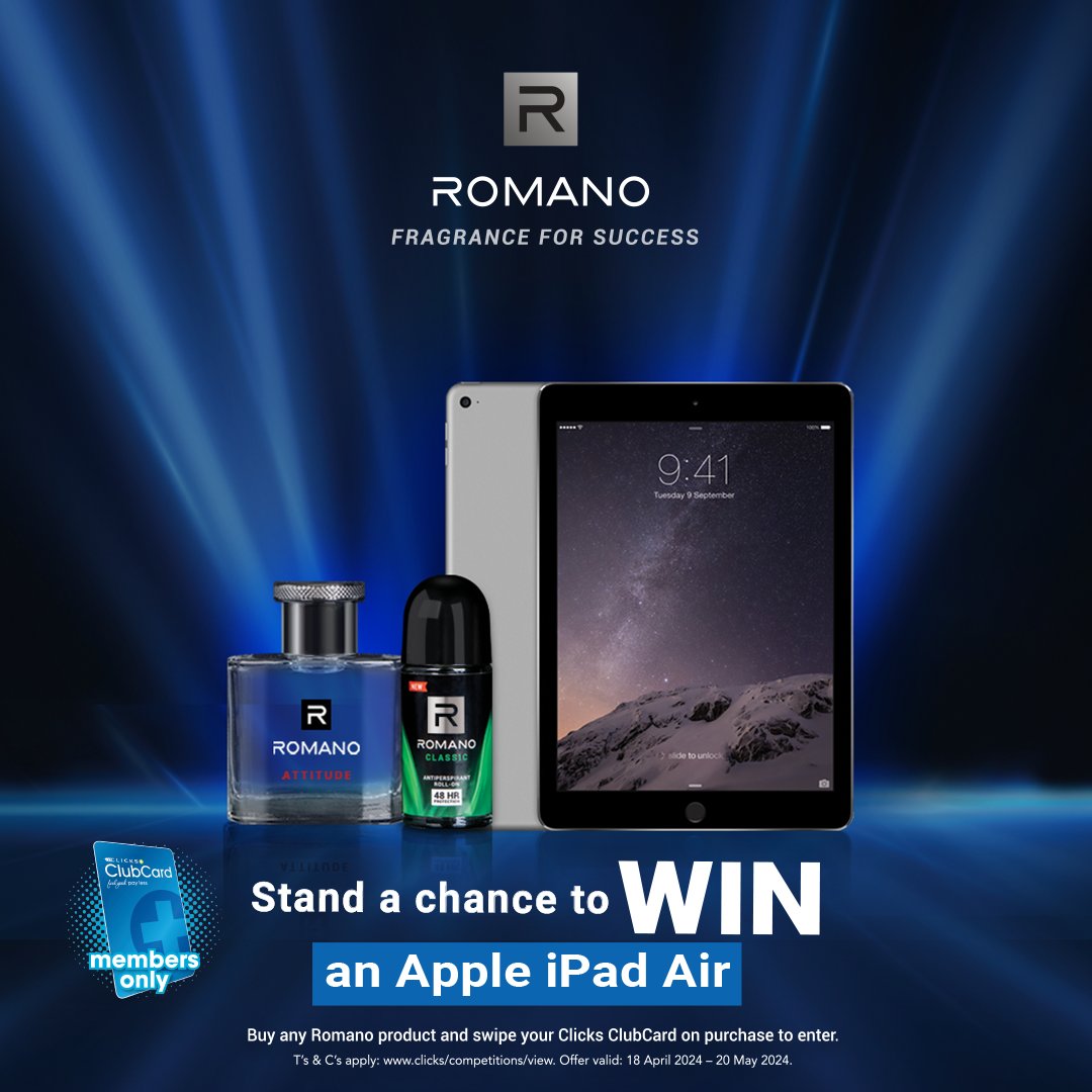 Clicks_SA's tweet photo. Ready to get tech-savvy? 

Win big with a swipe! 🌟 📱 Enter our competition to WIN an Apple iPad Air with Romano.

Purchase any Romano product and swipe your Clicks ClubCard during the purchase.

Valid 18 Apr – 20 May 2024. Ts &amp; Cs apply. -> https://t.co/qvZDauEEW2

#BroScape https://t.co/2dWCeZ8VuM