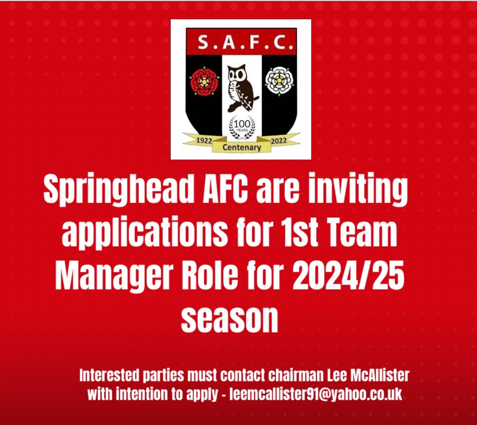 Following the departure of Mick Jones and Matty Russell, we are now inviting applications for the post of First Team Manager(s). Applications should be submitted to our Chairman Lee McAllister at leemcallister91@yahoo.co.uk by Fri 17th May.