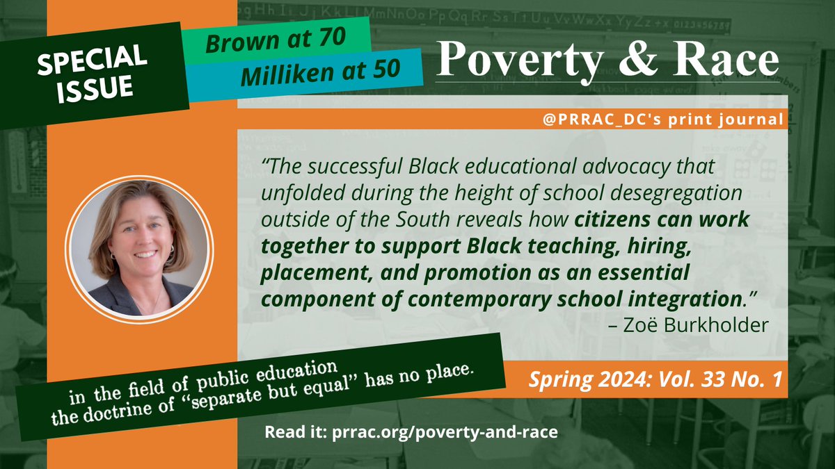 Using Vanessa Siddle Walker’s (@EmoryUniversity) “3 As of Integration,” @zoeburk @montclairstateu examines the loss of Black educators in both the North and South, post-#BrownvBoard. #BrownAt70
Read the full #PovertyandRace article here:
bit.ly/BrownAt70