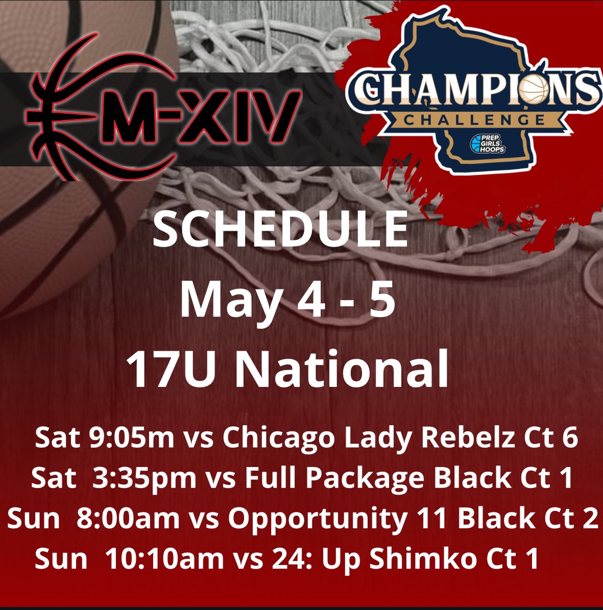 Team M-XIV Girls (@m14hoops_girls) on Twitter photo โ
Tournament Schedule Alert
๐ธ Champions Challenge
โ๏ธ Appleton, WI
๐ May 4-5
#Repthe14
<a href="/PGHByron/">Byron Xerxes Livsey</a>
<a href="/JrAllStar_IL/">Illinois Jr. All-Star GBB</a>
<a href="/MHS_Girls_/">Midwest Hoops Spotlight</a> โ
Tournament Schedule Alert
๐ธ Champions Challenge
โ๏ธ Appleton, WI
๐ May 4-5
#Repthe14
<a href="/PGHByron/">Byron Xerxes Livsey</a>
<a href="/JrAllStar_IL/">Illinois Jr. All-Star GBB</a>
<a href="/MHS_Girls_/">Midwest Hoops Spotlight</a>