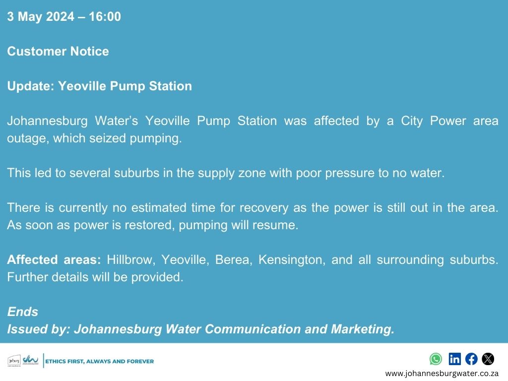 Update: Yeoville Pump Station

#JoburgUpdates ^N