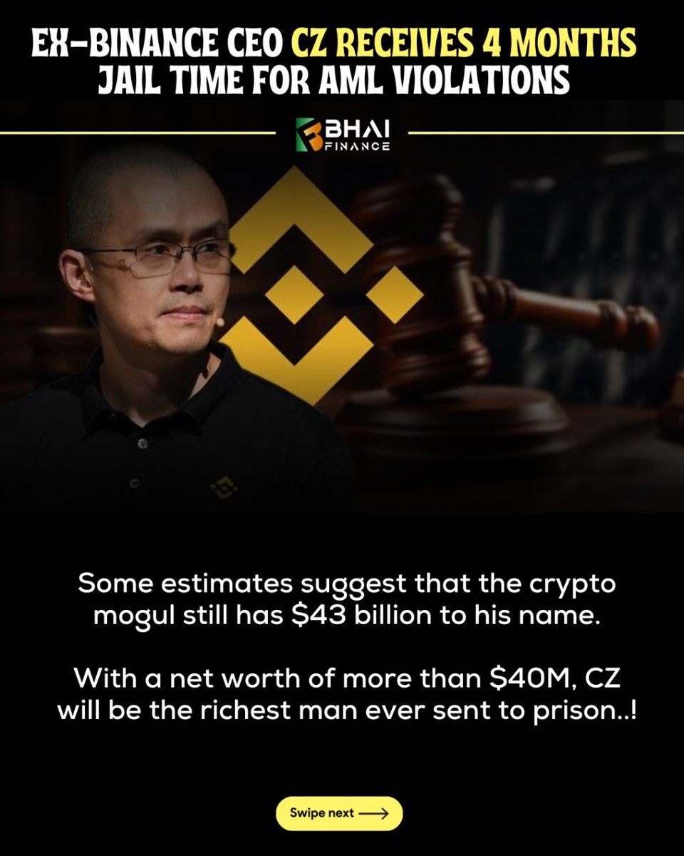 Former CEO of Binance , Changpeng Zhao, is sentenced to 4 months in prison.
The sentence will now make Zhao one of the richest people ever to serve time in a United States federal prison.
.
.
#czbinance #changpengzhao #binance