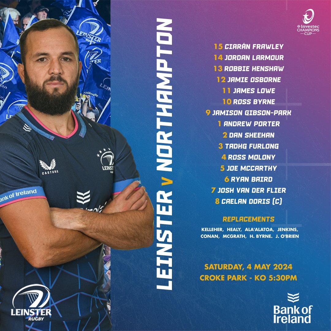 𝐖𝐡𝐨'𝐬 𝐬𝐞𝐭 𝐟𝐨𝐫 𝐭𝐨𝐦𝐨𝐫𝐫𝐨𝐰? Here is the #LeinsterRugby team to face @SaintsRugby tomorrow in Croke Park #LEIvNOR #FromTheGroundUp