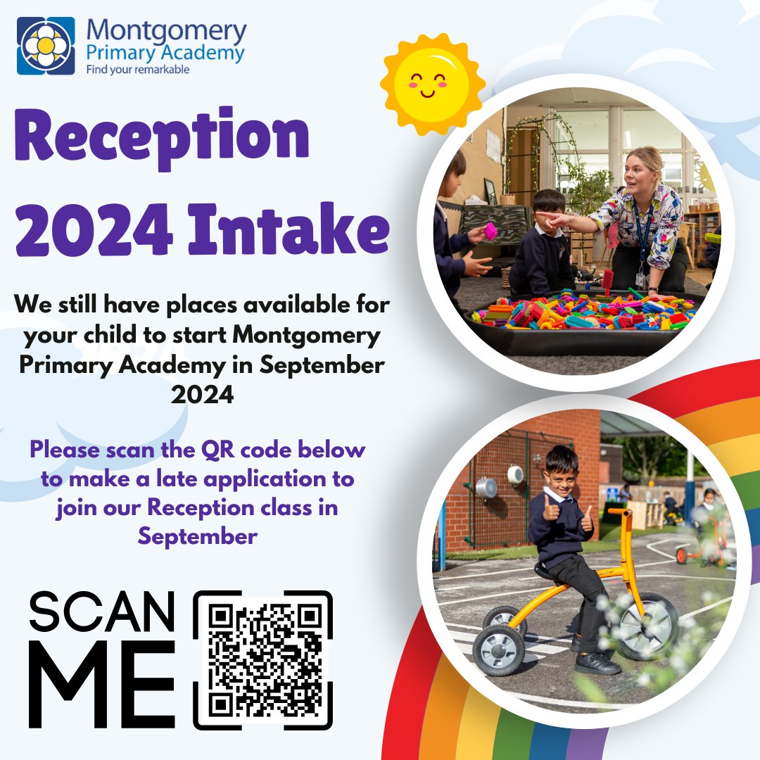 Reception 2024. We have places available for your child to start school at Montgomery Primary Academy in September. Scan the QR code to make a late application with Birmingham Admissions.