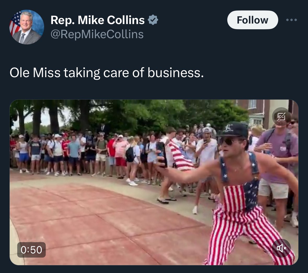 Of course a sitting member of Congress, @RepMikeCollins, from Georgia just tweeted his support for the racist frat bros from Ole Miss