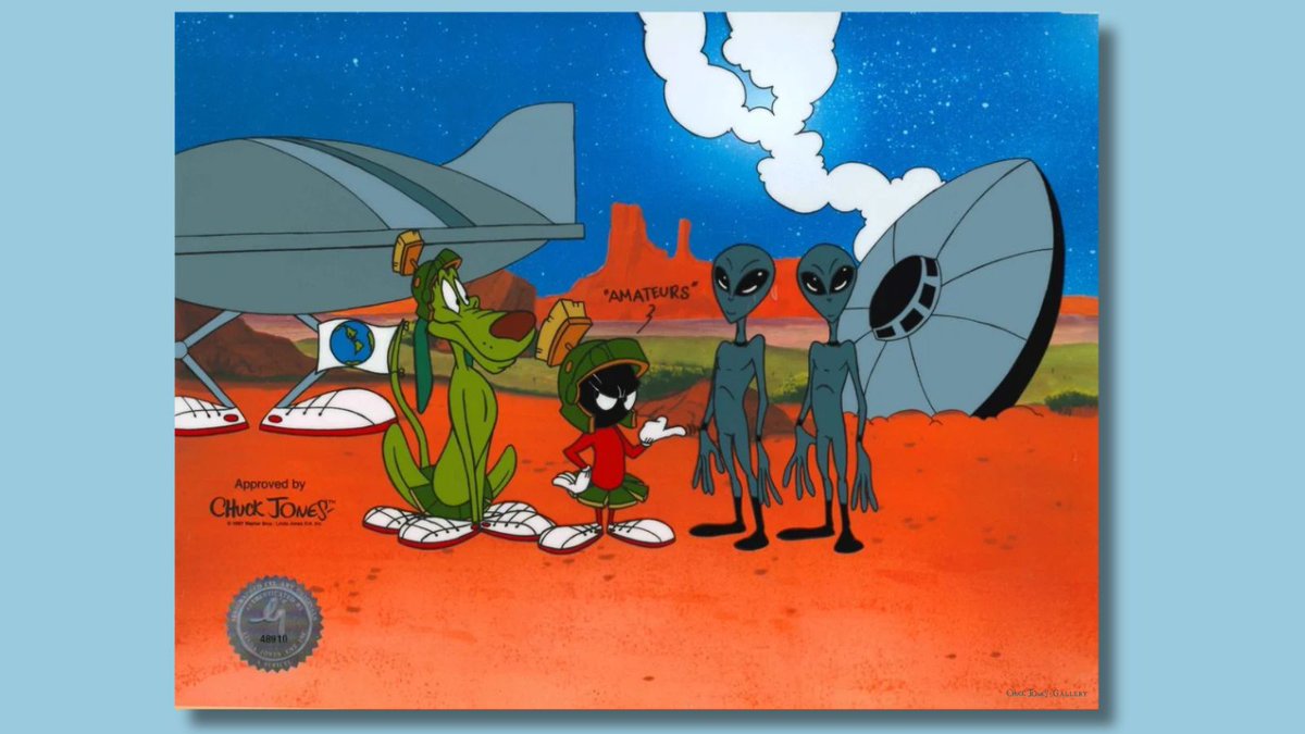 It's #NationalParanormalDay and #MarvinMartian is on a mission! 
.
He's got his ACME gadgets ready to explore the unknown! 👽
.
Amateurs | Chuck Jones | Shop Now ow.ly/iAwO50Rv0OE
.
#chuckjonesgallery #sandiegoart #santafeart #sanclementeart #limitededitionart #aliens #ufos