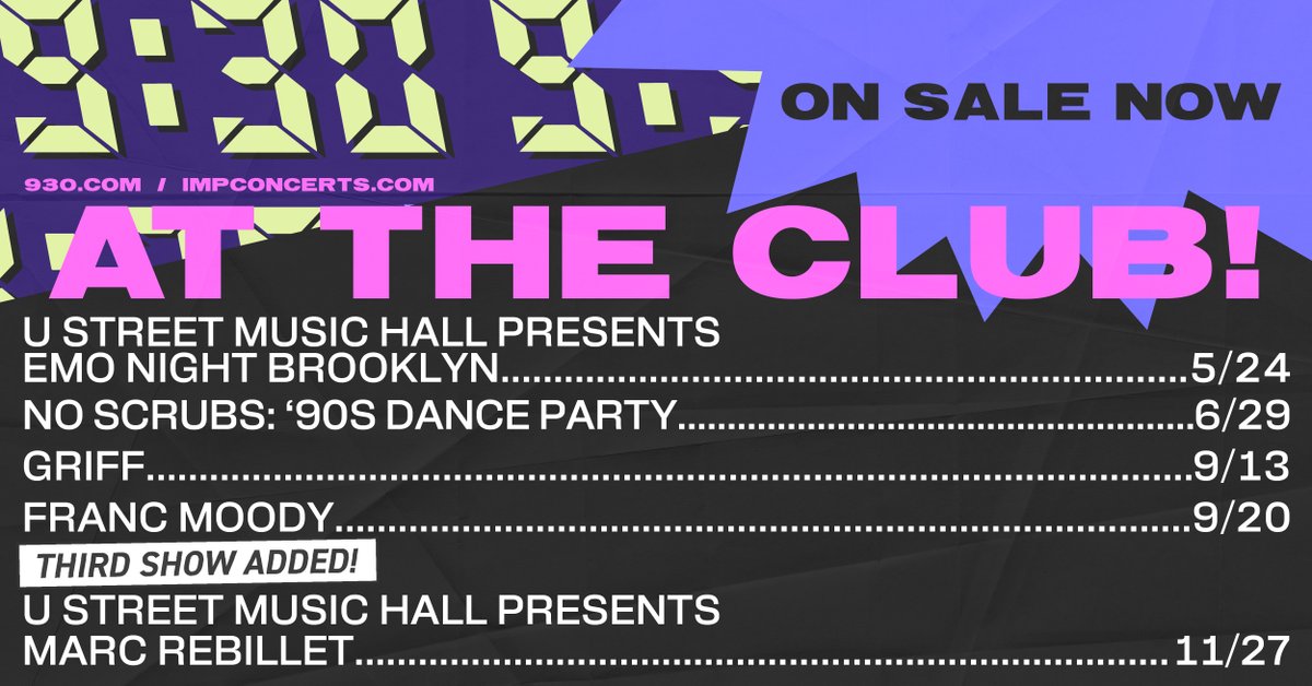 ON SALE NOW: @emonight_BK, @noscrubs90s, @wiffygriffy, @francmoody, & @marcrebillet 🎟️: 930.com