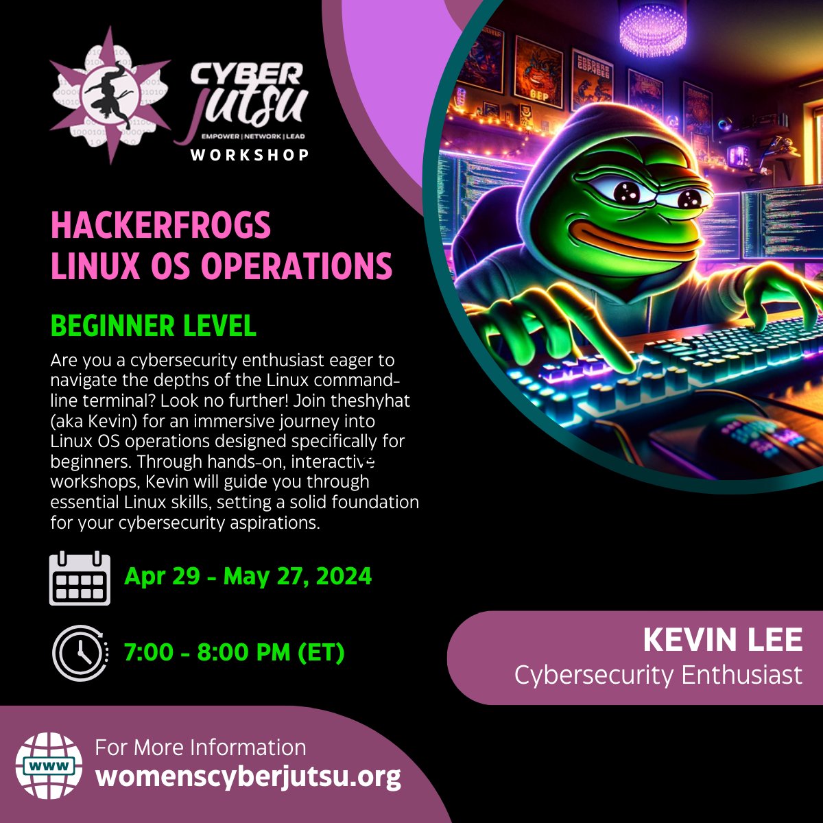 Join us for a HackerFrogs Workshop: Linux OS Operations! 🐸🔒🐧 Are you a #cybersecurity enthusiast eager to navigate the depths of the #Linux command-line terminal? Join theshyhat (aka Kevin Lee) for an immersive journey, specifically for beginners. womenscyberjutsu.org/events/EventDe…
