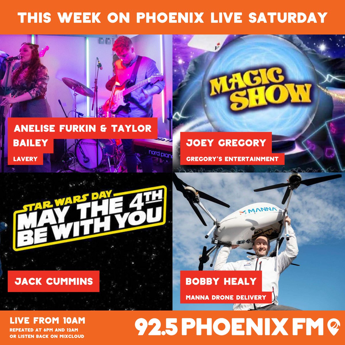 On this week's Phoenix Live Saturday with Darragh and Eva: - Jazz fusion band Lavery on new single - Magic show this Bank Holiday - The drone deliveries intriguing D15 residents - The legacy of Star Wars Tune in from 10am on 92.5 FM and online at live.phoenixfm.ie!