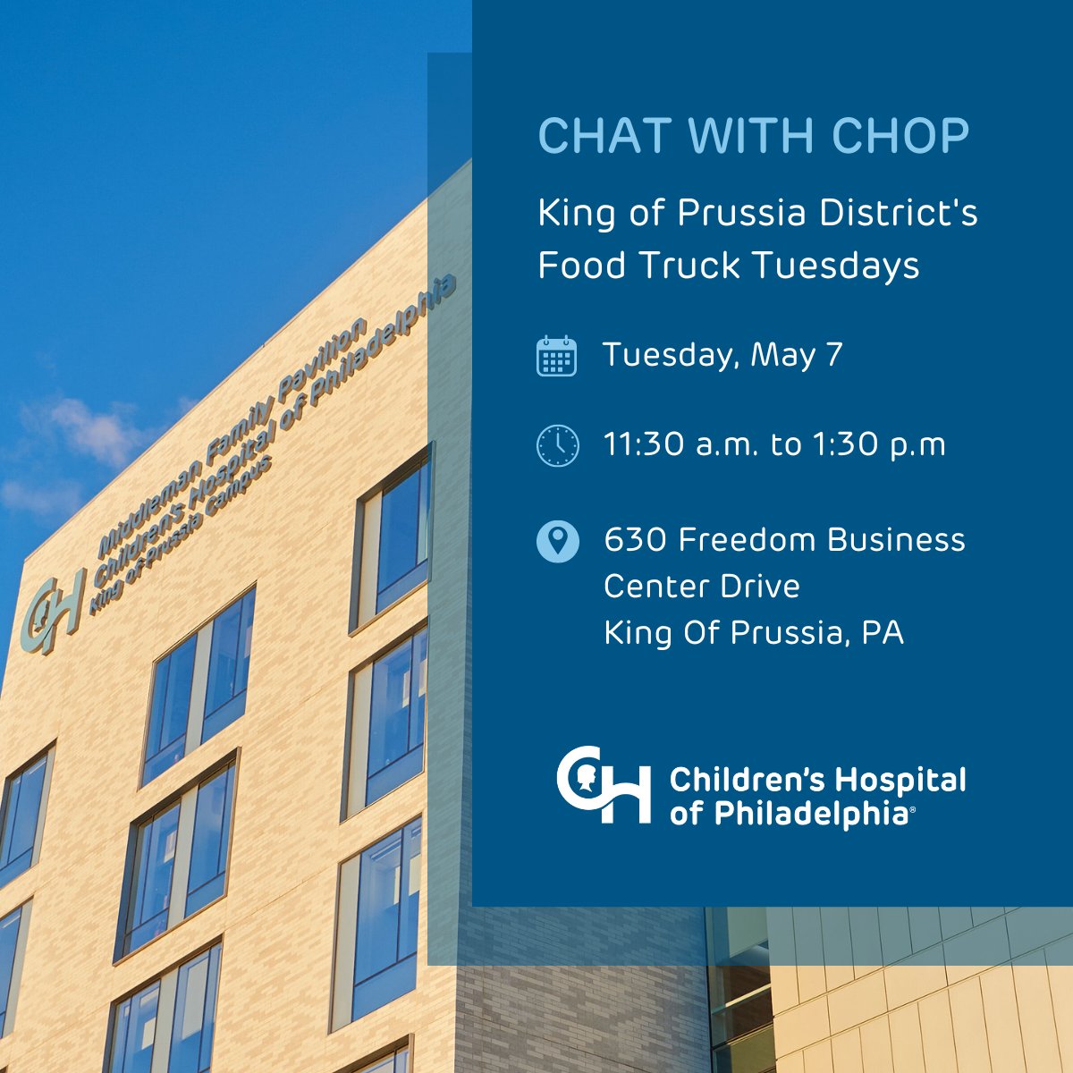 Join us for a midday break at King of Prussia District's Food Truck Tuesdays! Enjoy live music, tasty food truck treats, and chat with CHOP recruiters about job opportunities at Middleman Family Pavilion, CHOP's King of Prussia Hospital. See you there! 🎶🍔
