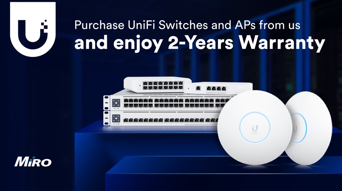 MiroDistributor's tweet image. When you purchase UniFi Switches and Access Points from us, you can enjoy peace of mind with a 2-year warranty. 🤩

Order online by visiting bit.ly/3JKFMXn or get in touch with us on 012 657 0960 or sales@miro.co.za 

#Miro #mirodistribution #ubiquiti #unifi