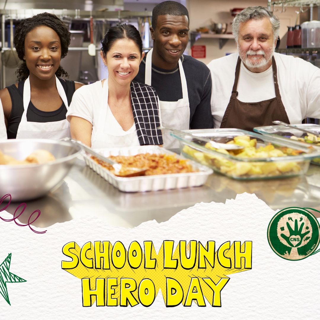 Happy School Lunch Hero Day! We are so grateful for our heroes. Our team serves meals daily with care, concern, and kindness for every child. Thank your school lunch heroes today.  #schoollunchheroes #schoolnutrition
