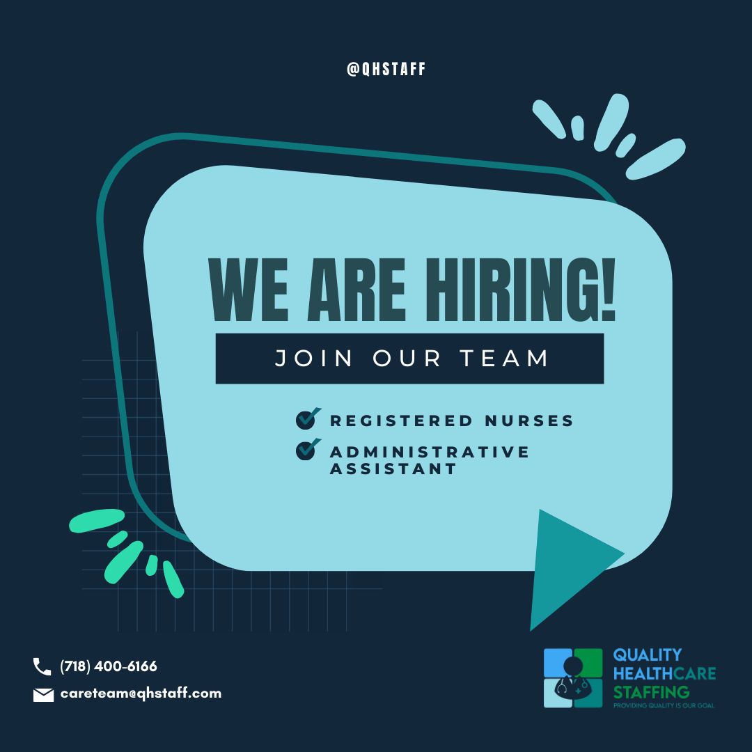 Join our warm and welcoming team! We're expanding and looking for talented individuals like you. Let's grow together.

 #JobOpportunity #HiringNow  #qhstaff #recruitingagency  #hiring #hiringnow #applynow #rnjobs #healthcarejobs #administrativeassistant