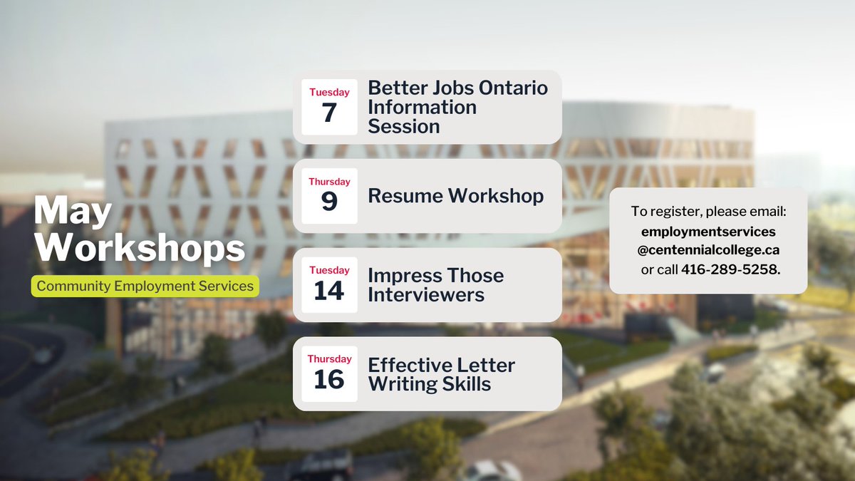 Through #CommunityEmploymentServices, you can get help to kickstart your career, whether you are an adult, youth, newcomer or internationally-educated professional. Register for any one of our workshops below and set yourself up for success! ➡️ centenni.al/3Pj1qD3