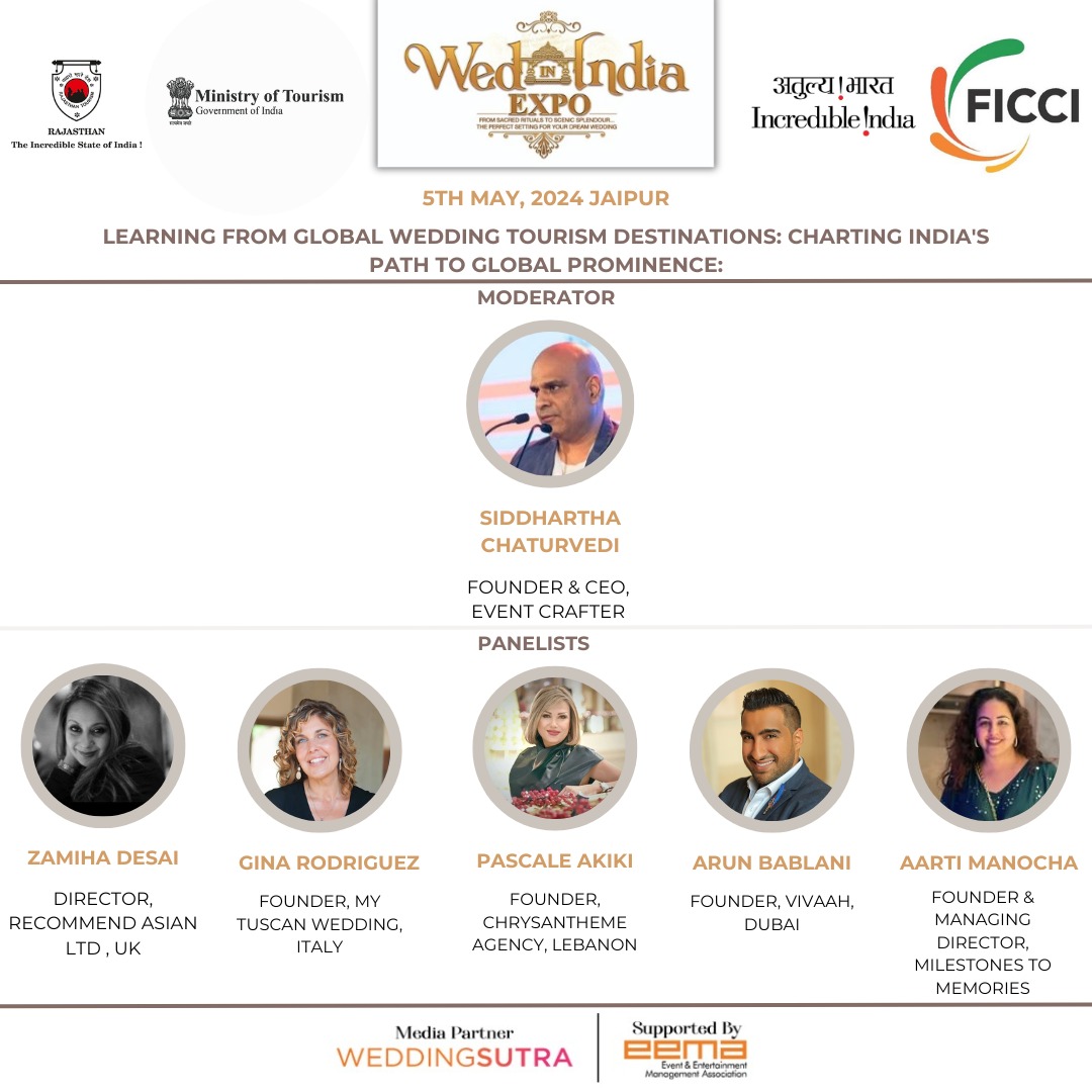 Join the Wedding Dream Team at #WedMeIndiaExpo2024! EEMA moderates panel on global wedding tourism, charting India's path to prominence. Don't miss this exclusive opportunity to gain valuable insights and network with top wedding professionals! ( (Entry by Invitation Only)