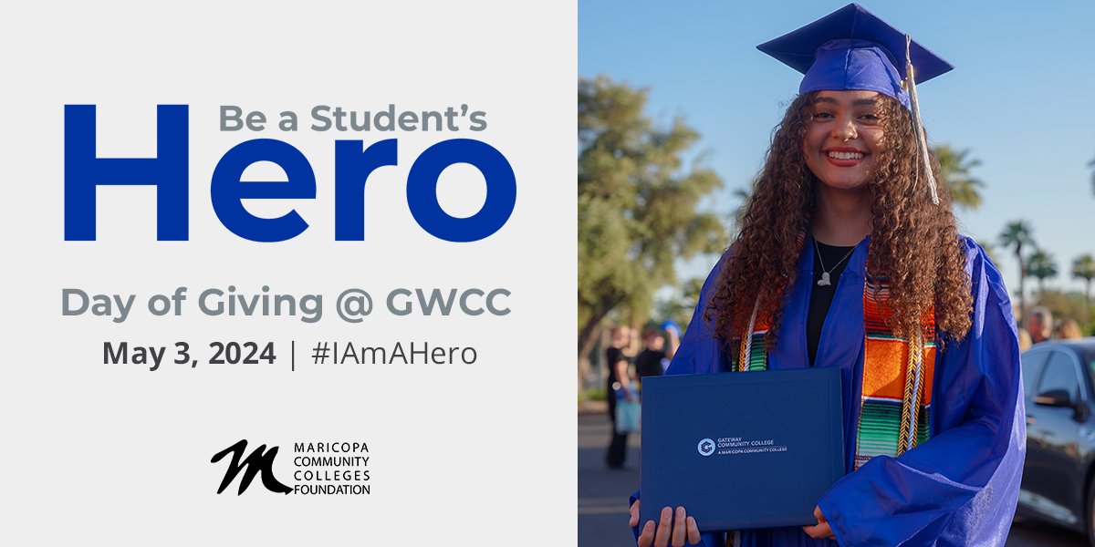 Ready to be a hero? Join us for @MaricopaFND's Day of Giving! Together, we can create brighter futures and help students achieve their goals. Learn how you can contribute 👉 mcccdf.org/be-a-student-h…