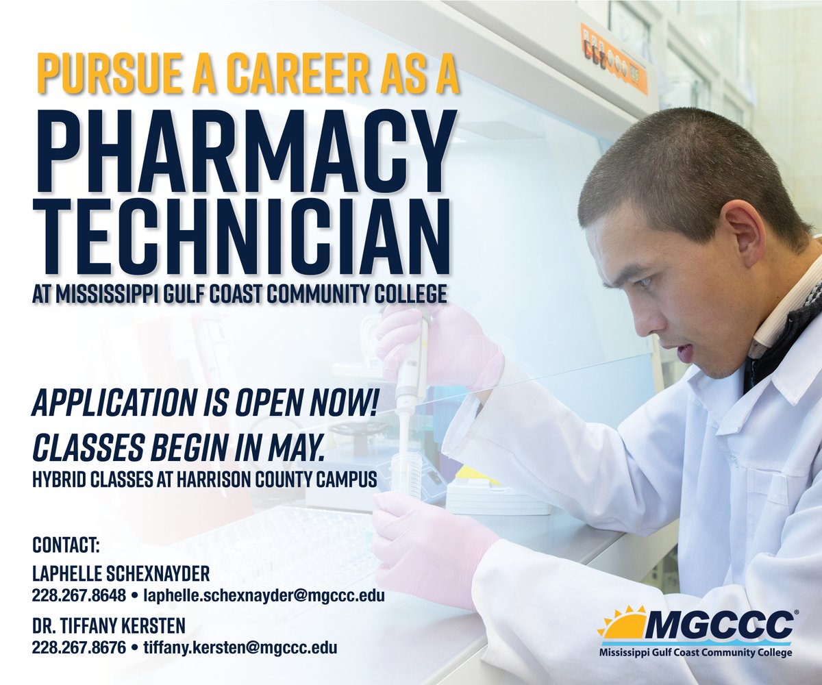 Interested in a career as a Pharmacy Technician? Our Pharmacy Tech Program is kicking off in May! For details, contact Dr. Tiffany Kersten at tiffany.kersten@mgccc.edu OR Mr. Laphalle Schexnayder at laphalle.schexnayder@mgccc.edu or call 228-267-8648.