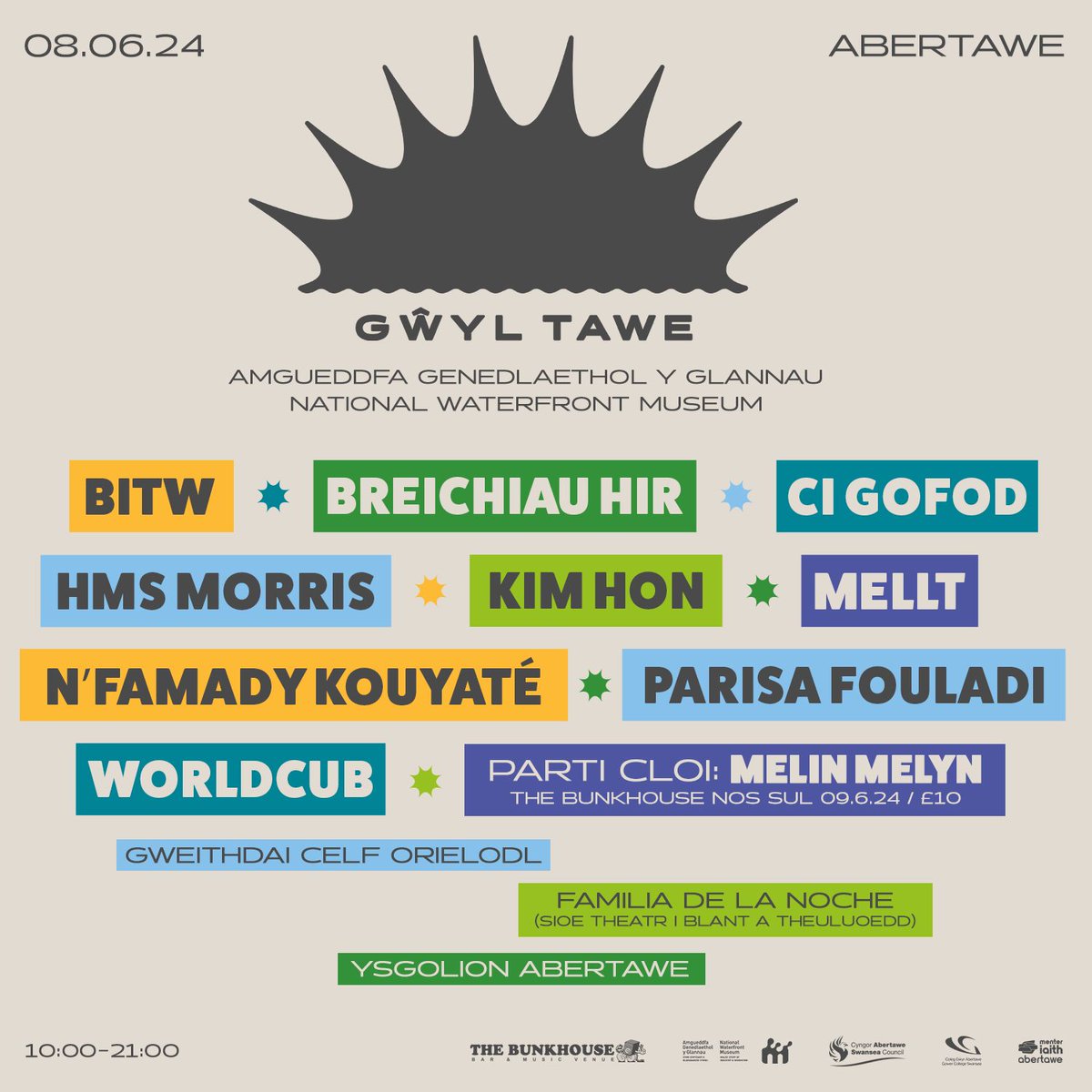 Eich lein-yp #GŵylTawe24 hyd yma! Your #GŵylTawe24 line up so far! Cwpl o enwau ychwanegol ar y ffordd wythnos nesaf 👀 A few extra names coming your way next week 👀 📅 Dydd Sadwrn | Saturday, 8.6 📌 @the_waterfront #yagym