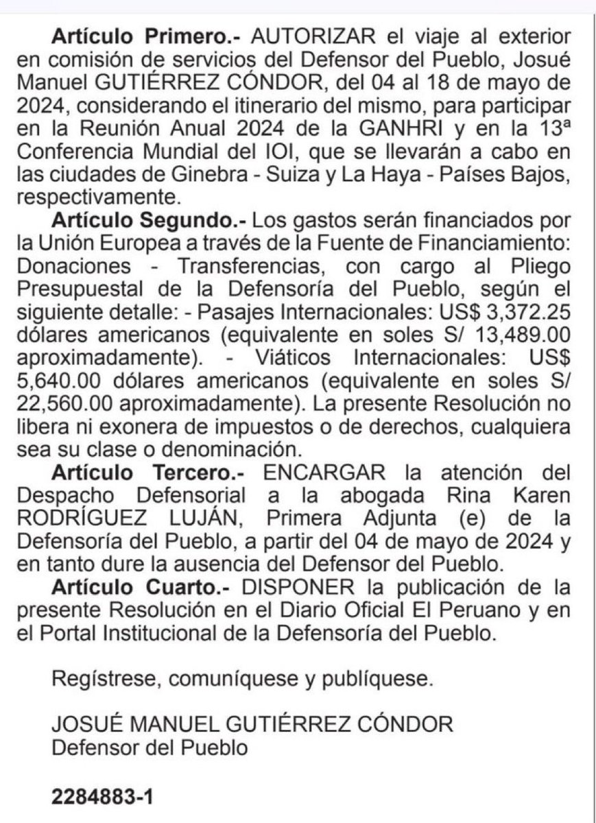 🚨🚨🚨🚨🚨🚨
Adivinen, ¿quien se va a Europa con todo pagado + S/35,000 en viaticos?

El Defensor del Pueblo, Josué Gutiérrez.