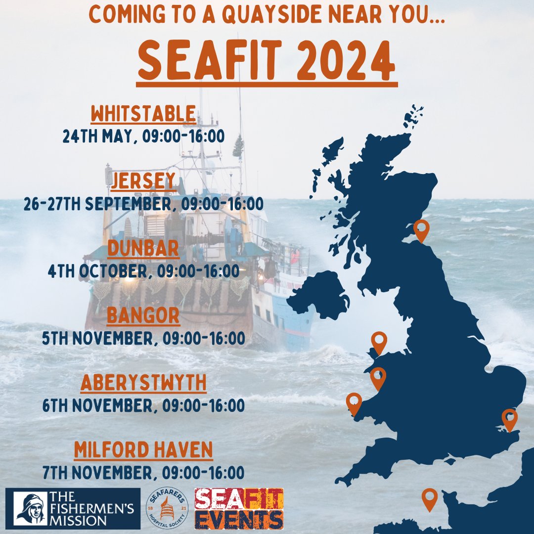 Diary dates!📆 Once again, we're looking forward to joining our partners at @thefishmish and @dentaid_charity on the road for a new round of #SeaFit Events in 2024, including three brand new locations in Wales! Stay tuned for updates! 👀 #Fishermen #Seafarers #SeafarersHealth