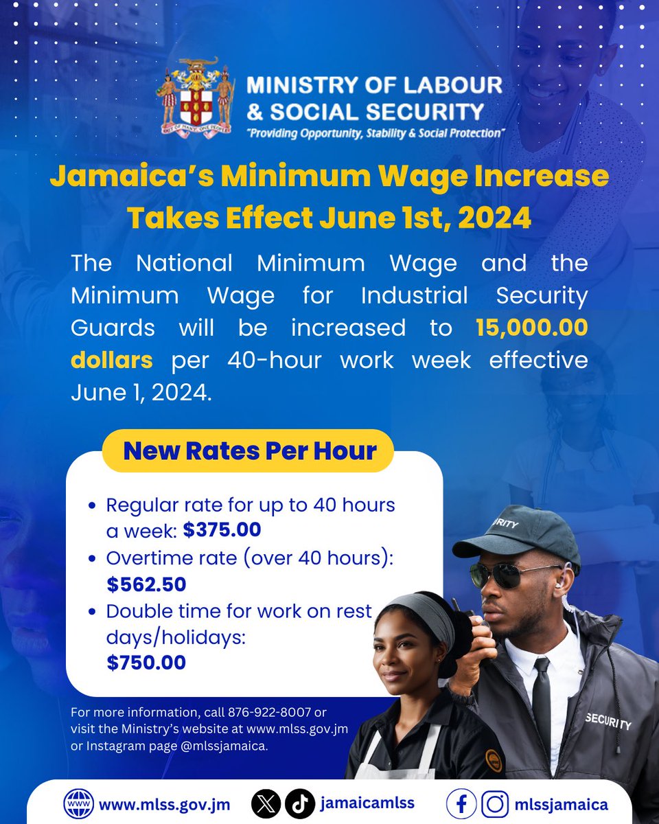 Jamaica’s Minimum Wage Set to Rise! Effective June 1st, 2024, the National Minimum Wage and the Minimum Wage for Industrial Security Guards will elevate to $15,000.00 per 40-hour work week. #MLSSJamaica #MLSSCaringForYou #MinimumWage #MinimumWageIncrease