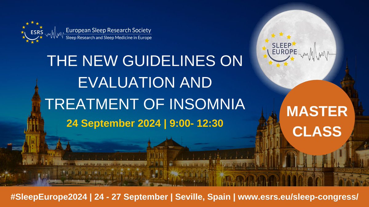 #SleepEurope2024 kicks off with seven Master Classes diving into various topics. Don't miss 'Cognitive Behavioural Therapy for Insomnia Disorder' on 24 September, 09:00 - 12:30 CEST. Ideal for health professionals in insomnia diagnosis and treatment. 🔗ow.ly/4QfE50Rslrh