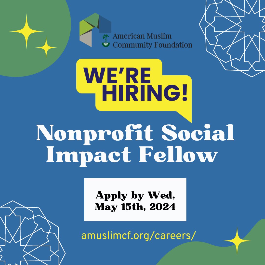 AMCF is pleased to announce that we are hiring a Nonprofit Social Impact Fellow! Please share with your networks! Apply at amuslimcf.org/careers/. The application deadline is Wednesday, May 15th, 2024.

#muslimphilanthropy #careers #fellowship #amcf #nonprofitjobs