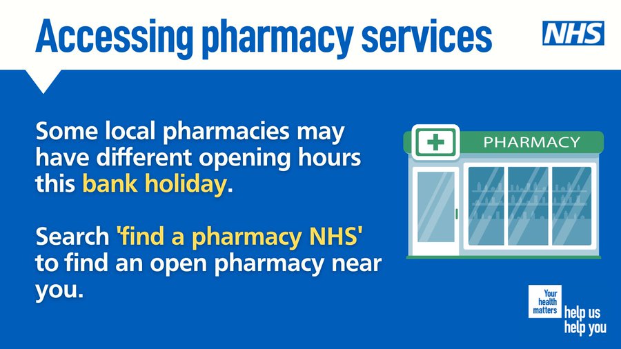 Remember to check your local pharmacy’s opening times ahead of this bank holiday. Search ‘find a pharmacy NHS’ to locate the closest open pharmacy 💊
