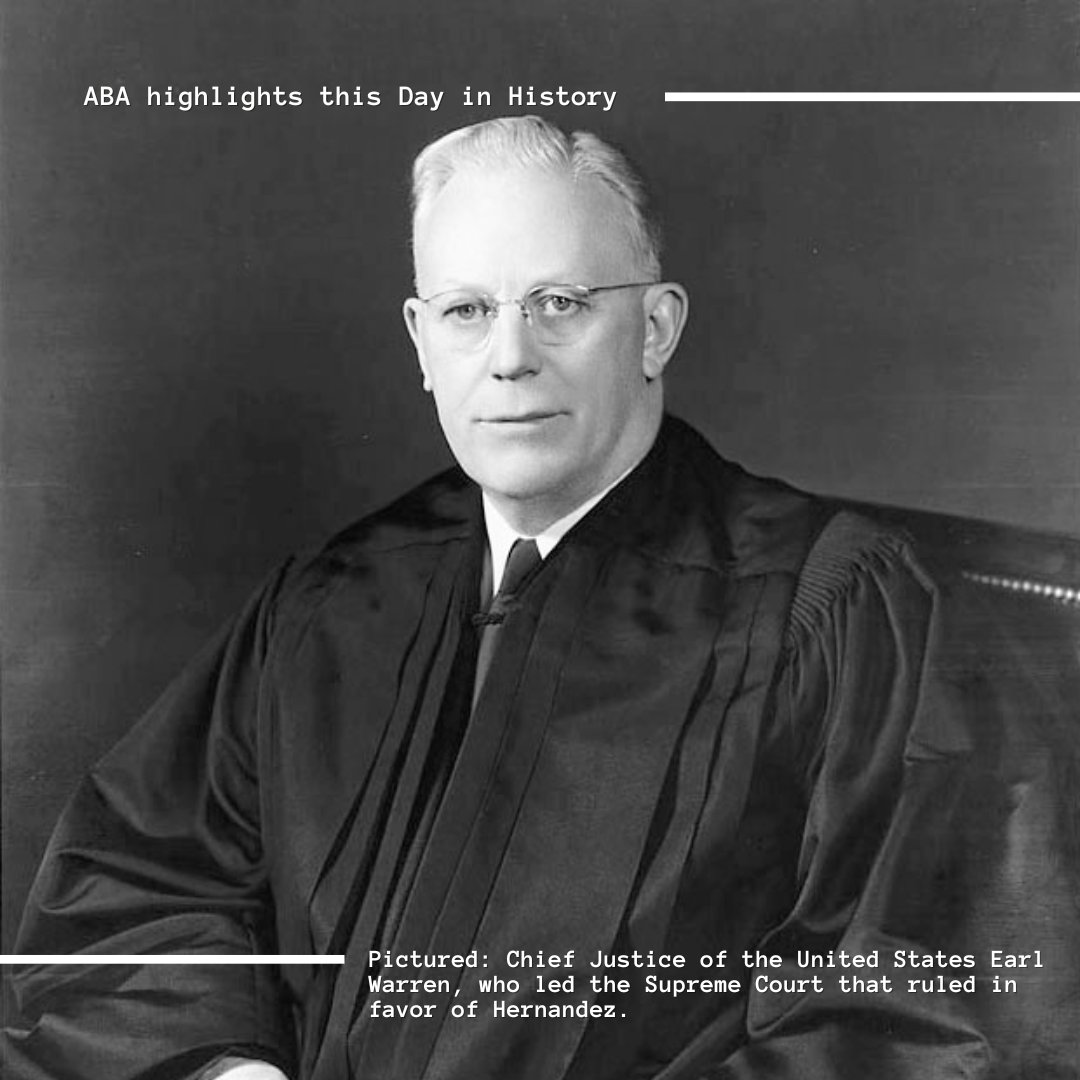 Today in 1954, SCOTUS ruled in Hernandez v. Texas that 14th Amendment protections against discrimination extend to Hispanics and all non-white groups beyond Black Americans. @ABAEsq highlights this expansion of civil rights in ensuring equality for all. #LegalHistory #ABA