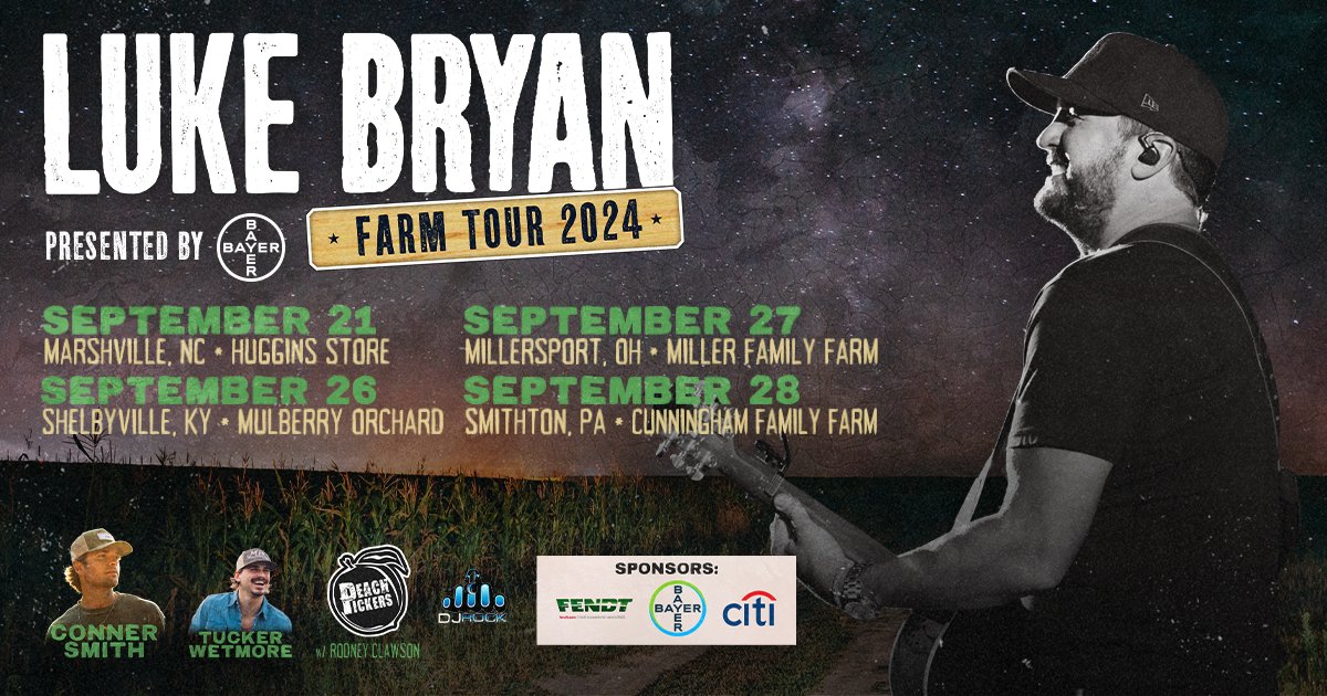 Time to get your boots and those farmer’s tans ready y’all: our 15th #FarmTour will be hitting the fields this fall. I’m excited to bring out @ConnerVSmith, @tuckerwetmore, @thepeachpickers w/ Rodney Clawson, & @djrockd11 while we party & honor the American Farmer. Join the Nut
