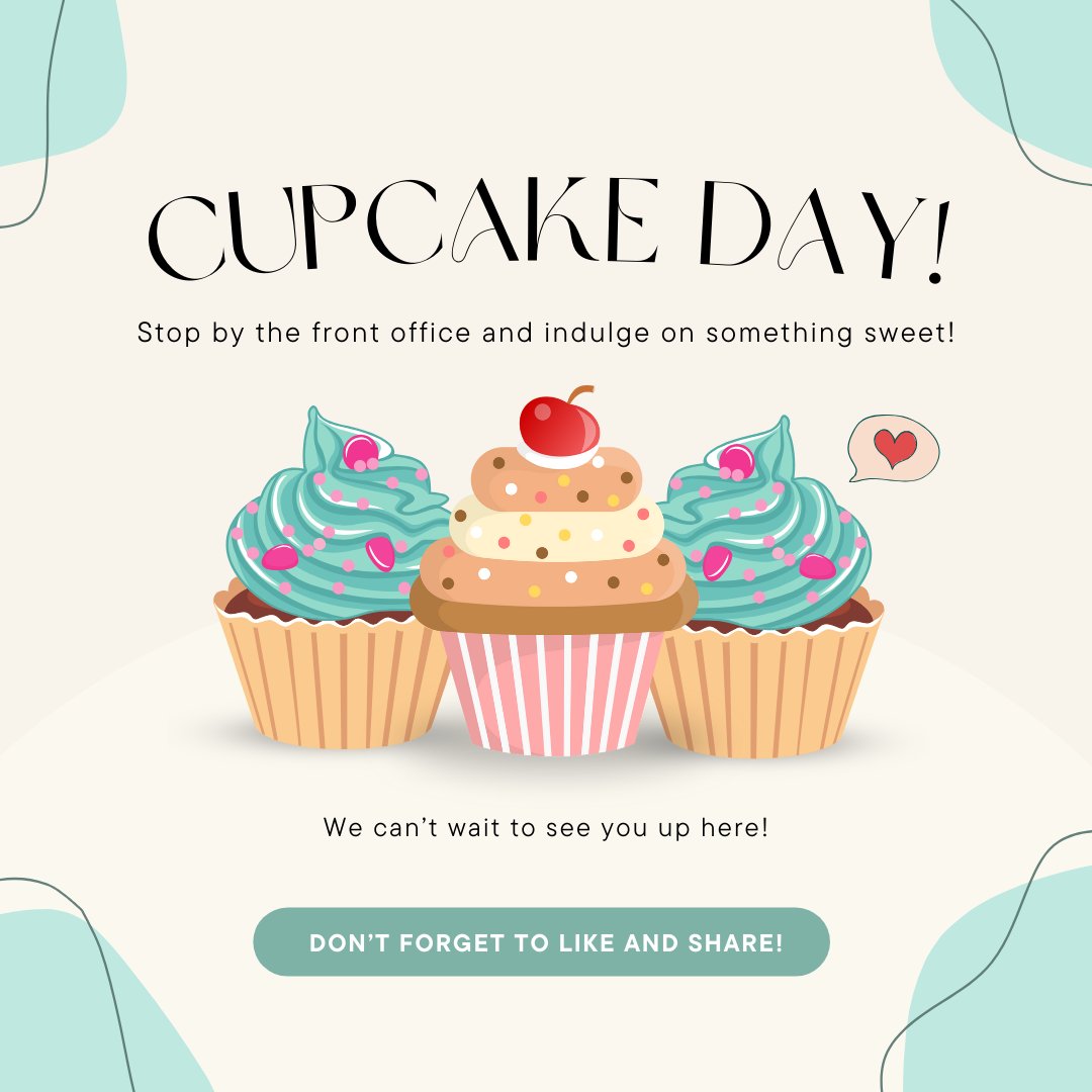 Next Wednesday is Cupcake Day and to celebrate we will have cupcakes up at the front office! We love a little dessert treat, and can't wait to see you up here at the office! #Cupcakeday #CrowneatJamesLanding #Desserttime