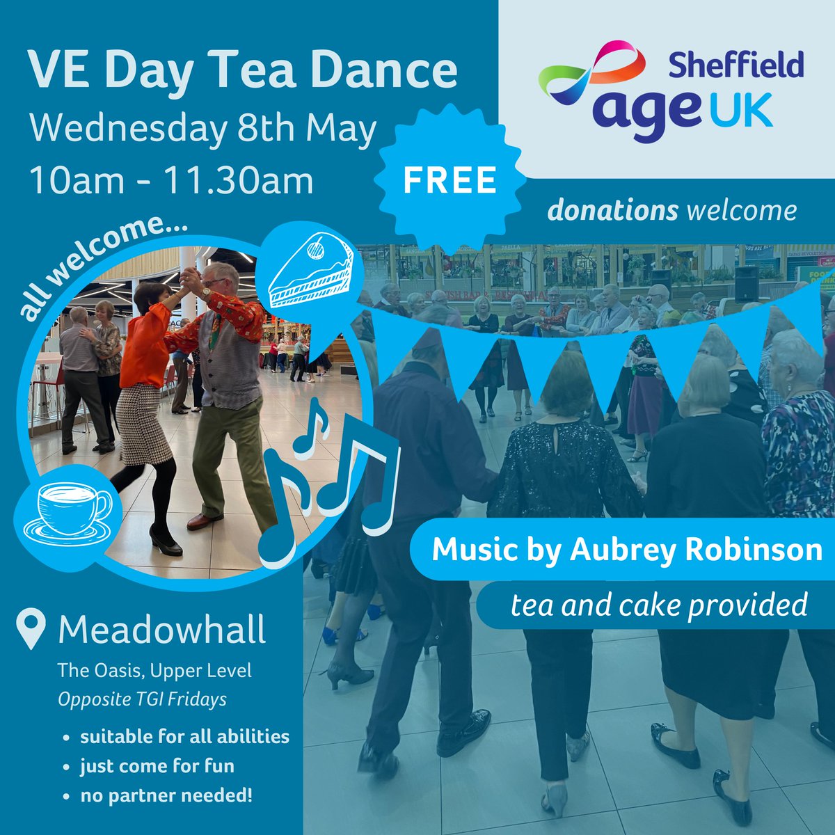 We're hosting a VE Day celebratory Tea Dance on Wednesday 8th May🇬🇧 We're joined by @ageuksheffield who will be raising awareness and funds for their services💙 Everyone is welcome and the Tea Dance is suitable for all abilities! Find out more 👉meadowhall.co.uk/news/tea-dance