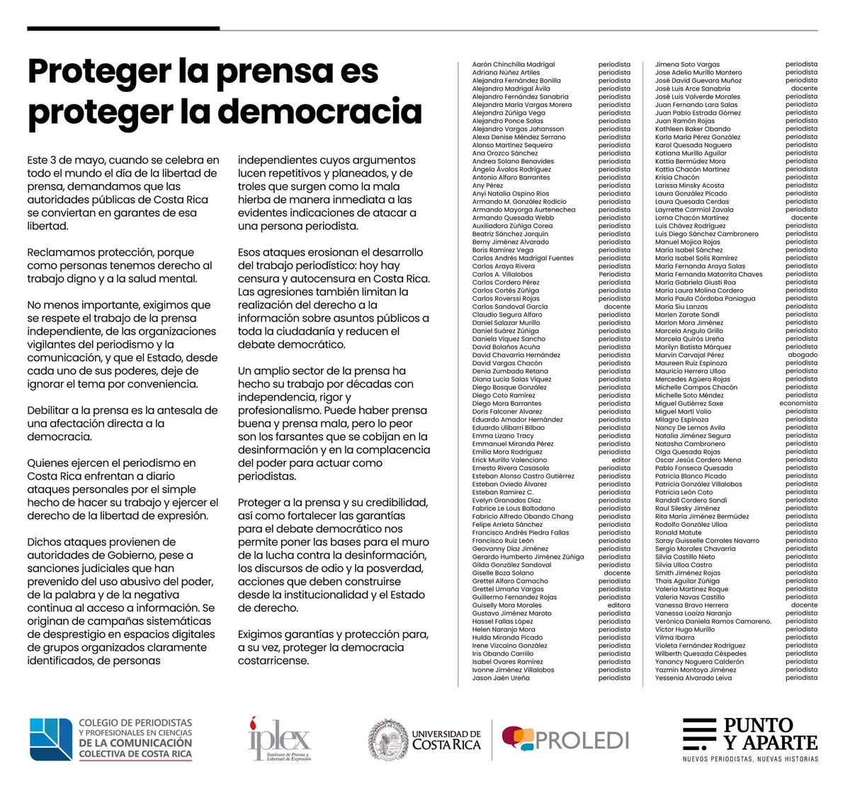 Periodistas de #CostaRica se unen en el #DíaMundialDeLaLibertadDePrensa para #ProtegerALosPeriodistas. En colaboración con #Colper, PROLEDI - UCR, Instituto de Prensa y Libertad de Expresión y Punto y Aparte, 144 profesionales exigen que se garantice #LibertadDePrensa 📰💪