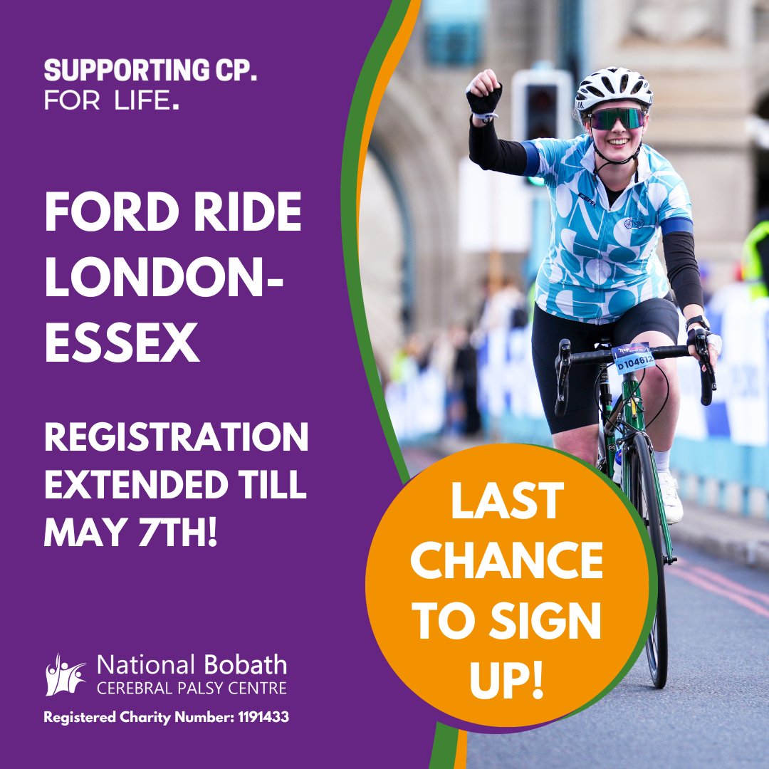 We still have places left for this year’s Ford Ride London-Essex! Deadline is Tuesday if you want to join our team.. Pedal over to our website to book now!

#ridelondon #londoncycling #cerebralpalsy #bobathcentre #fundraiseforcp #CerebralPalsyAwareness