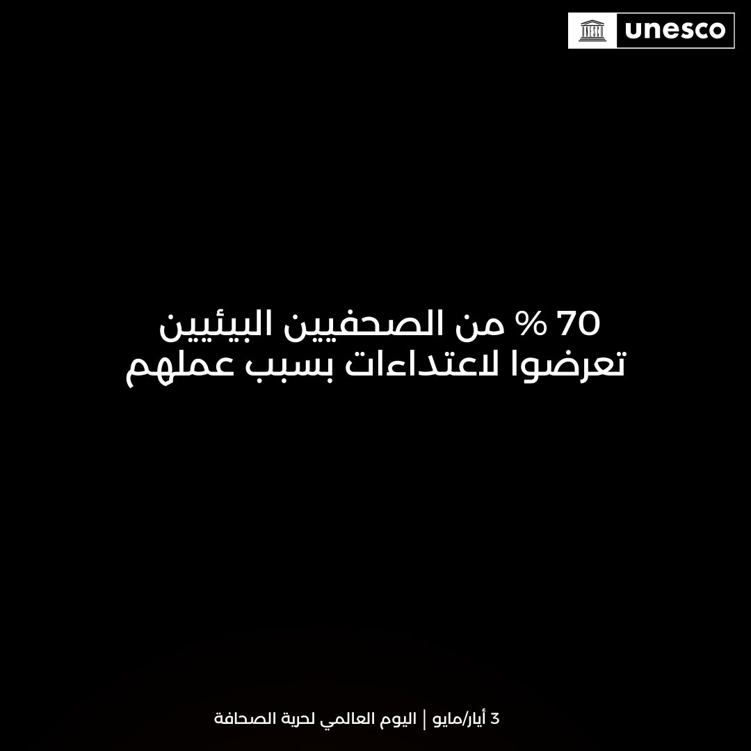 يبين تقرير #اليونسكو أنَّ 70% من الصحفيين البيئيين تعرضوا لاعتداءات بسبب عملهم. تدعو اليونسكو إلى زيادة دعم الصحفيين البيئيين وتحسين حوكمة المنصات الرقمية. unes.co/il2ic5 #اليوم_العالمي_لحرية_الصحافة #حرية_الصحافة