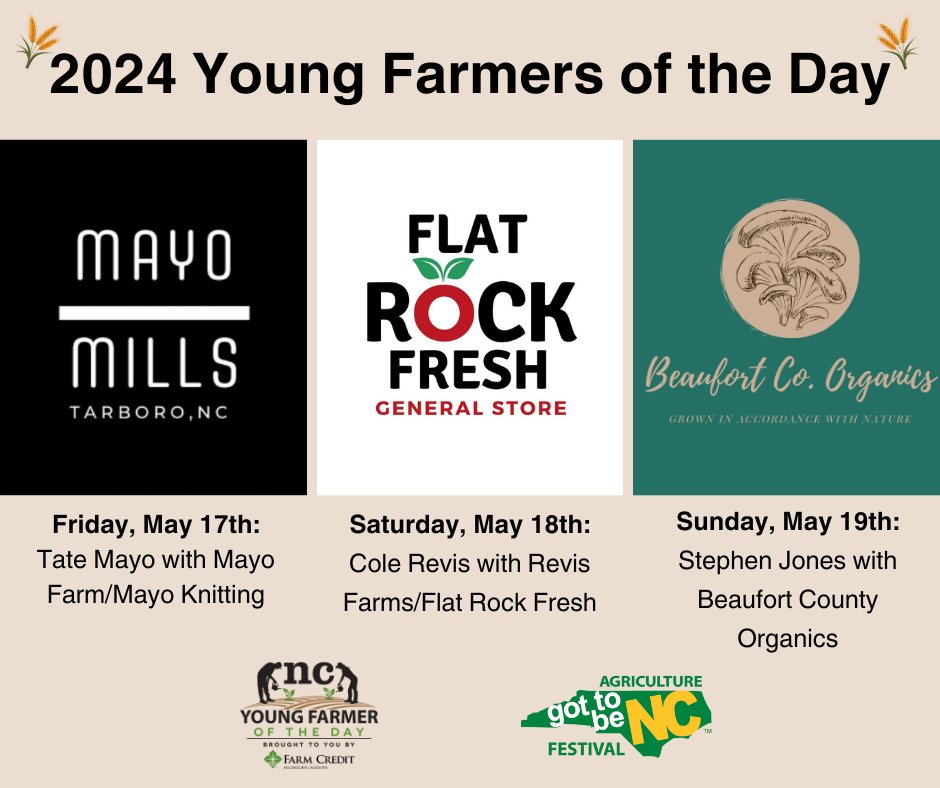 It's time to announce this year's Young Farmer's of the Day for the Got to Be NC Festival, presented by @AgSouthFC and @AgCarolinaFC! Stay tuned in the coming weeks to learn more about them and come out during the festival to help us recognize them. #GotToBeNC #NCAgriculture