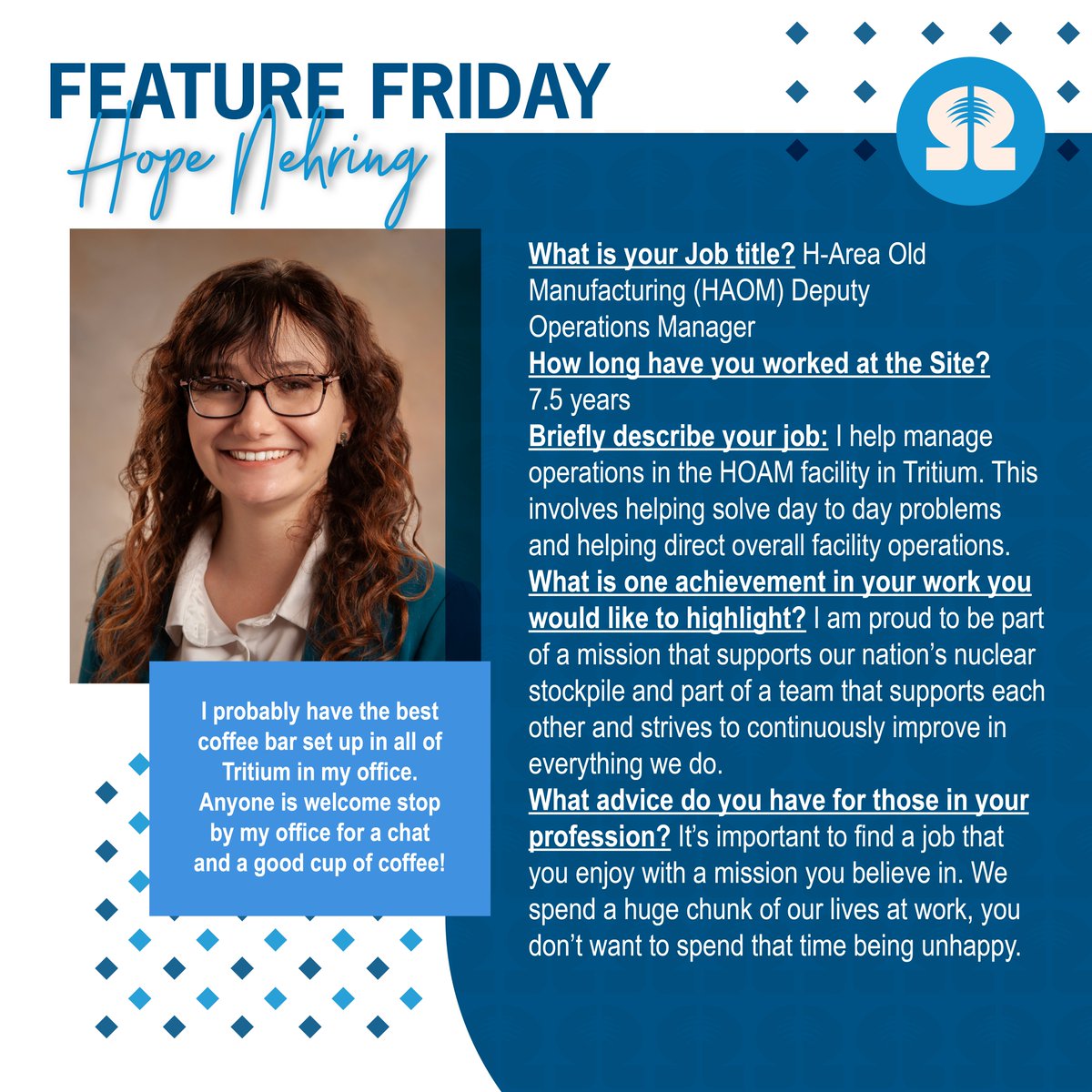 It's #FeatureFriday! Meet the H-Area Old Manufacturing Deputy Operations Manager, Hope Nehring. Thank you for helping us #MakeTheWorldSafer, Hope!