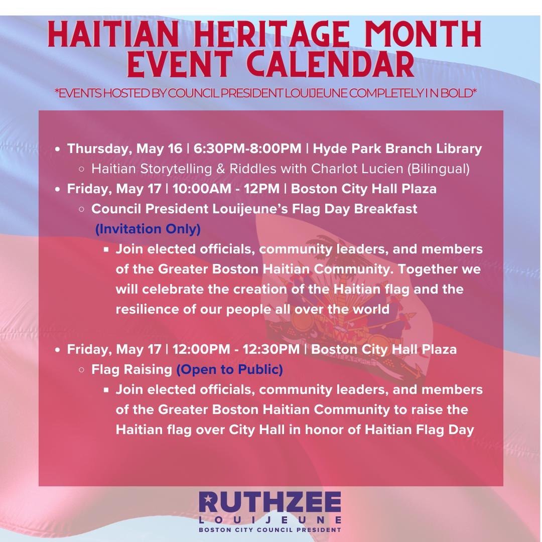 Happy Haitian Heritage Month! We have a jam-packed May full of programming to honor the month! Whether hosted by my office or in partnership with community, here is a sneak-peak of all that’s coming! Stay tuned for weekly updates. For questions please, reach out to my Director of…